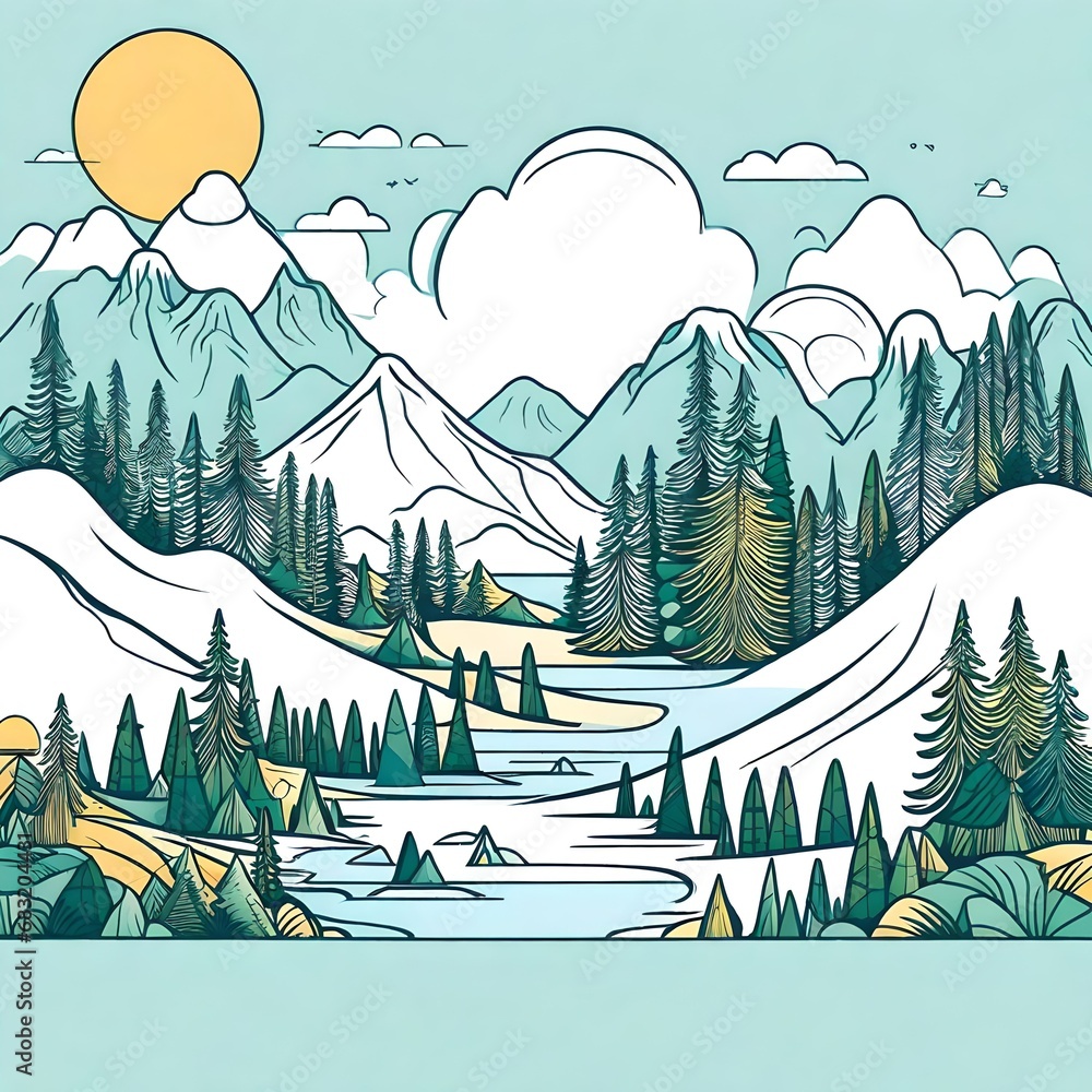 whimsical drawing sketch of cute mountains and a summer forest  suitable for a T-shirt design