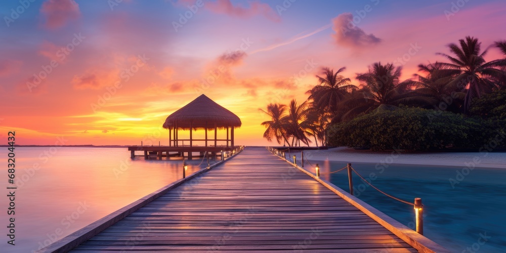 Fototapeta premium Sunset on Maldives island, luxury water villas resort and wooden pier. Beautiful sky and clouds and beach background for summer vacation holiday and travel concept