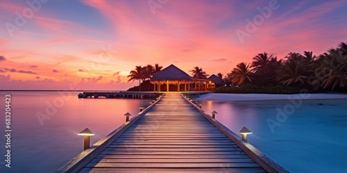 Sunset on Maldives island, luxury water villas resort and wooden pier. Beautiful sky and clouds and beach background for summer vacation holiday and travel concept