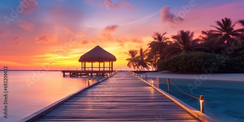 Sunset on Maldives island, luxury water villas resort and wooden pier. Beautiful sky and clouds and beach background for summer vacation holiday and travel concept photo