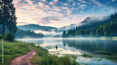 Misty morning scene of Lacu Rosu lake Foggy summer