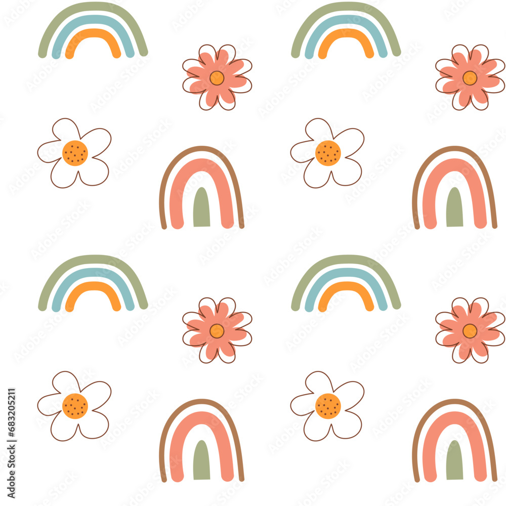 Obraz premium Boho seamless pattern. Cute flowers and scandinavian rainbows background.