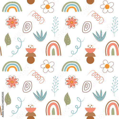 Boho seamless pattern. Cute flowers, rainbows and abstract shapes background.