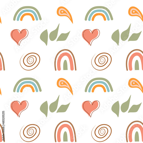 Boho seamless pattern. Cute rainbows, heart and abstract shapes background.