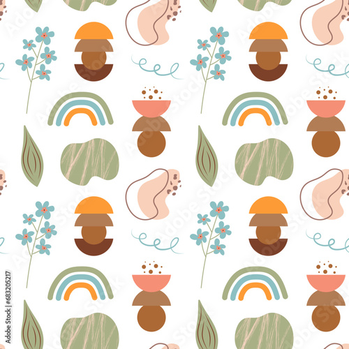Boho seamless pattern. Cute flowers, rainbow and abstract shapes background.