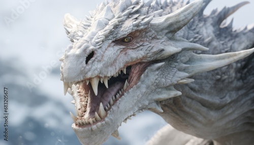 

furious white dragon in the mountines with white teeth mouth drooling close photo