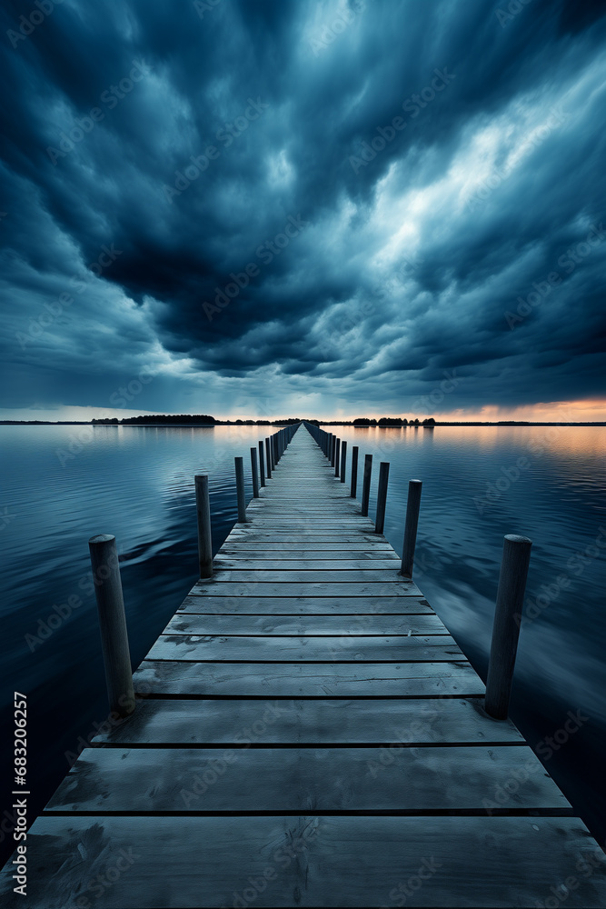 a long dock with some dark clouds