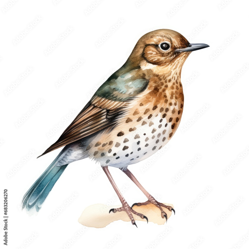 Fototapeta premium Watercolor Illustration of a Spotted Thrush Bird on a White Background