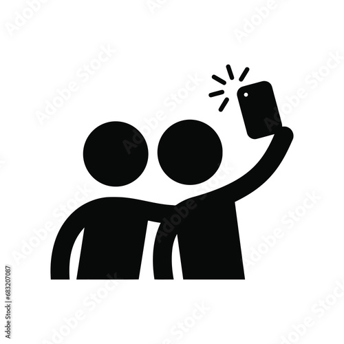 Person holding a smart phone taking a selfie with a friend icon