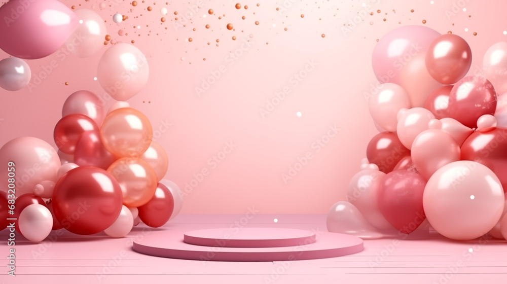 Empty podium illustration for showcase products with pink air balloons Empty podium illustration for showcase products with pink air balloons