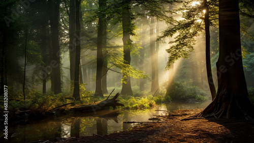 forest scene with rays of sunlight breaking through the canopy, AI Generative.