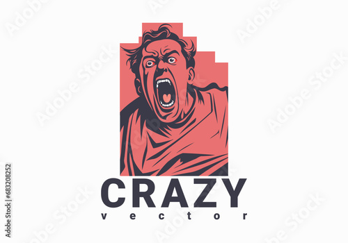 Vector graphic screaming scary crazy man with tousled hair, bulging red eyes and wearing a straightjacket. Logo. White isolated background.