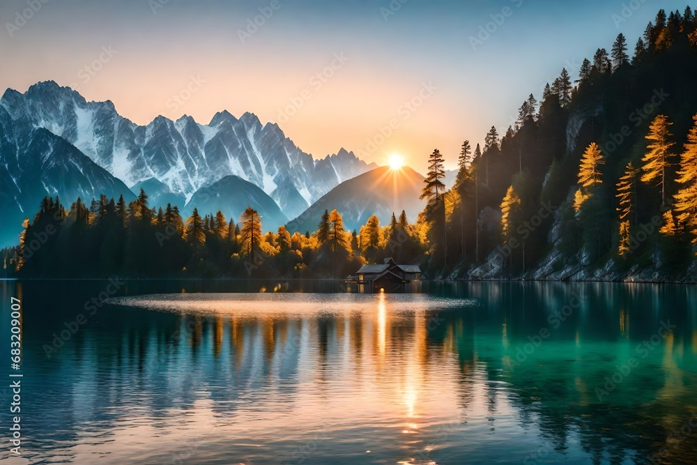 **impressive summer sunrise on eibsee lake with zugspitze mountain range sunny outdoor scene in german alps bavaria germany europe beauty of nature concept background - - obrazy, fototapety, plakaty 