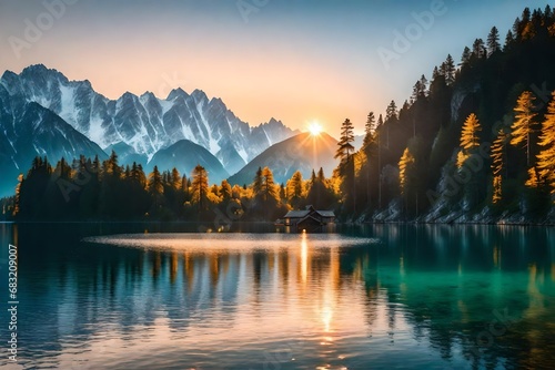 **impressive summer sunrise on eibsee lake with zugspitze mountain range sunny outdoor scene in german alps bavaria germany europe beauty of nature concept background - #683209007