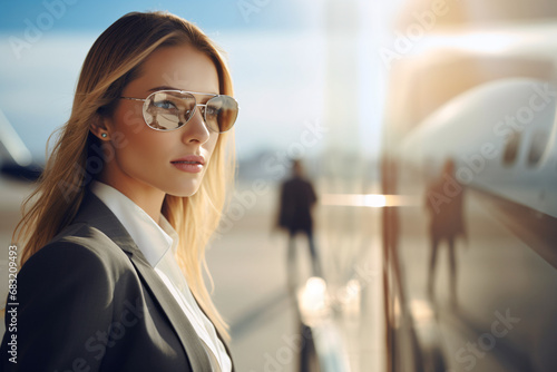 Close-up portrait of a young woman standing in front of private jet at the airport. photo