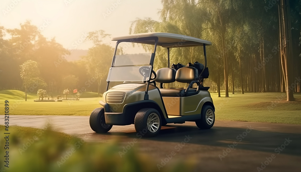 Golf cart on sunny fairway.
