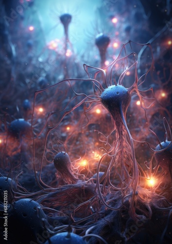 A group of neurons with glowing lights in the background. Generative AI.