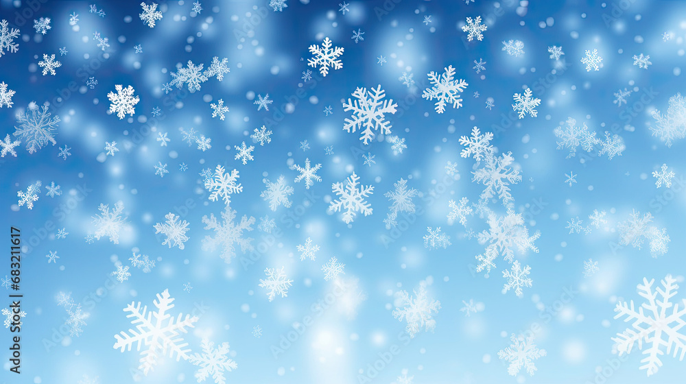 Snowfall weather white blue design. Vivid snowflakes february texture. Snow nature landscape.