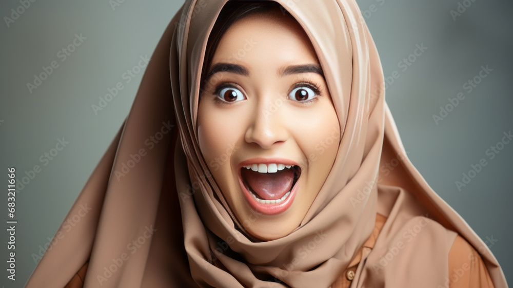 Young asian muslim woman looking at laptop happy excited successfull Young asian muslim woman looking at laptop happy excited successfull