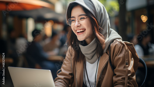 Young asian muslim woman looking at laptop happy excited successfull