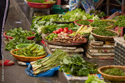 Fresh vegetables on display in a traditional market 