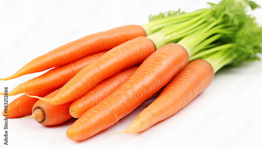 Bunch of fresh carrots with green tops on white background. Bunch of fresh carrots with green tops on white background.