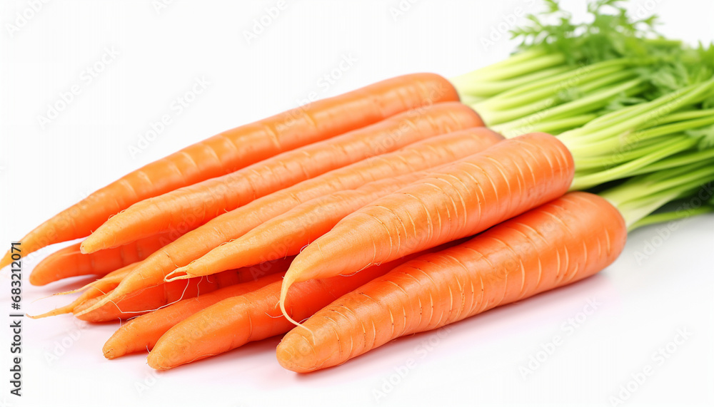 Bunch of fresh carrots with green tops on white background. Bunch of fresh carrots with green tops on white background.
