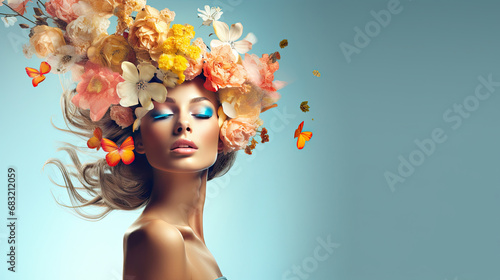 Surreal abstract woman portrait with flowers over head on blue background. summer colors. Concept of environmental friendliness and naturalness of cosmetic products. Banner. copy space