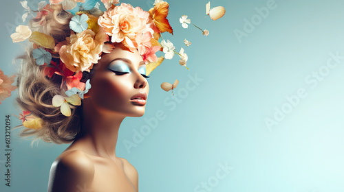Surreal abstract woman portrait with flowers over head on blue background. summer colors. Concept of environmental friendliness and naturalness of cosmetic products. Banner. copy space photo