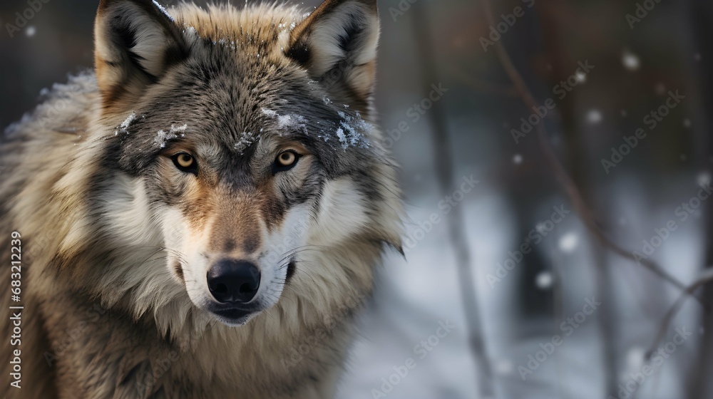 gray wolf portrai. Wildlife Animal. Snowy Background, Generative AI gray wolf portrai. Wildlife Animal. Snowy Background, Generative AI