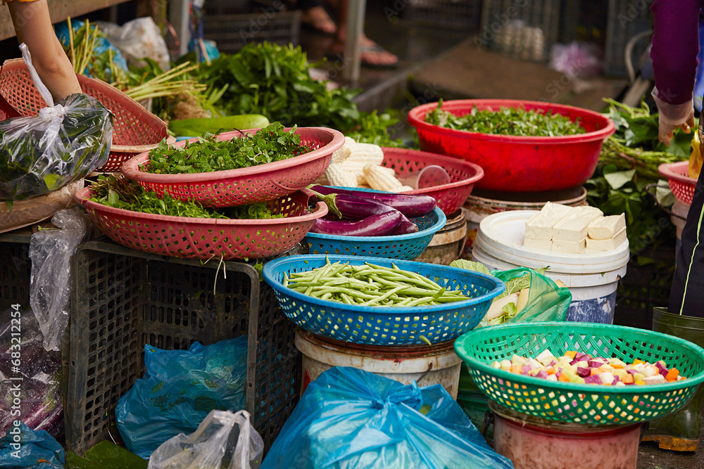 Fresh vegetables on display in a traditional market Fresh vegetables on display in a traditional market