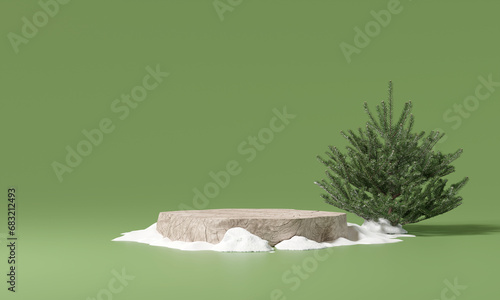 Wooden product display podium with pine tree. Christmas concept on green background. 3D rendering
