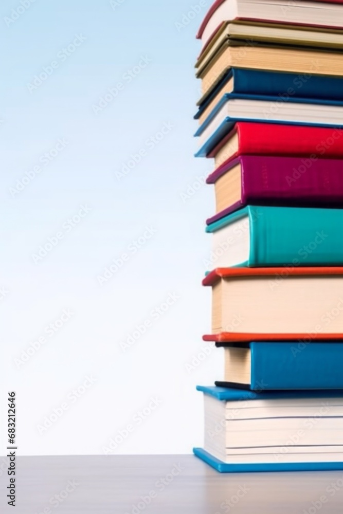 Stack of hardcover books on light blue background. Free copy space on the left. Stack of hardcover books on light blue background. Free copy space on the left.