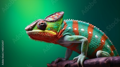 Colorful chameleon on a green background  copy space. Generative AI