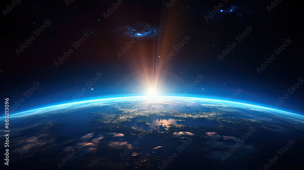 view earth from  space at  blue sunrise