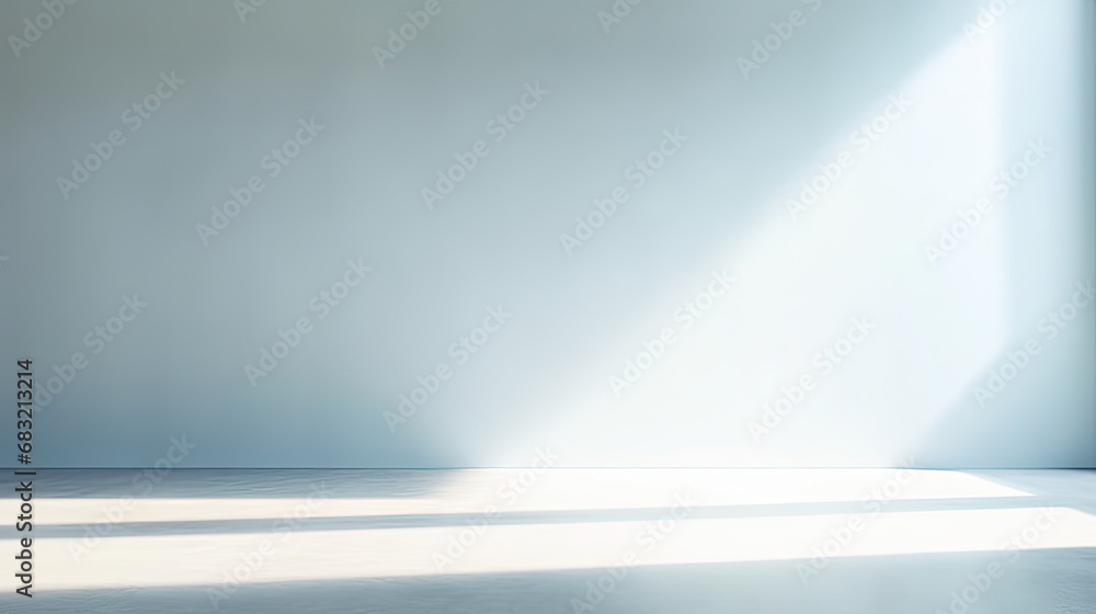 Abstract minimal empty light blue and white 3d room background. Modern Studio showcase with copy space. Mock up scene with natural window shadows, dappled light overlay effect. empty room Abstract minimal empty light blue and white 3d room background. Modern Studio showcase with copy space. Mock up scene with natural window shadows, dappled light overlay effect. empty room
