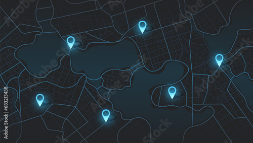 Futuristic travel gps map or location navigator vector illustration. Multiple destinations. Gps tracking map. Track navigation pins on street maps, navigate mapping technology and locate position pin.