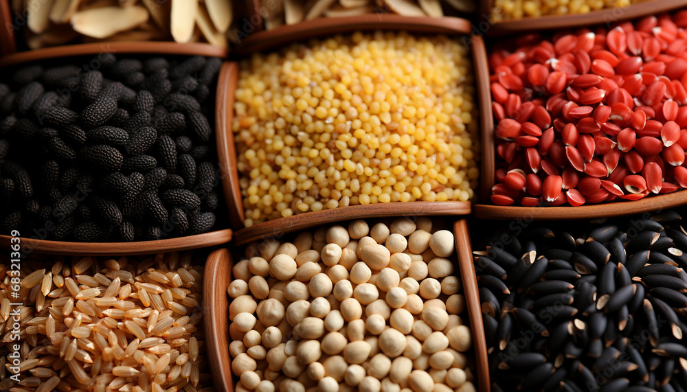 Assorted grains and seeds in wooden bowls on a dark surface. Assorted grains and seeds in wooden bowls on a dark surface.