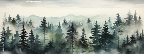 Tranquil Misty Watercolor Forest
