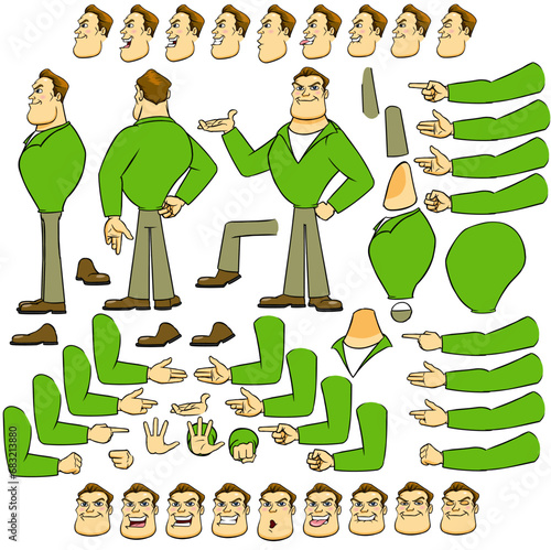 Vector cartoon style Man character for animation. Different emotions, gestures and poses. Isolated vector illustration.