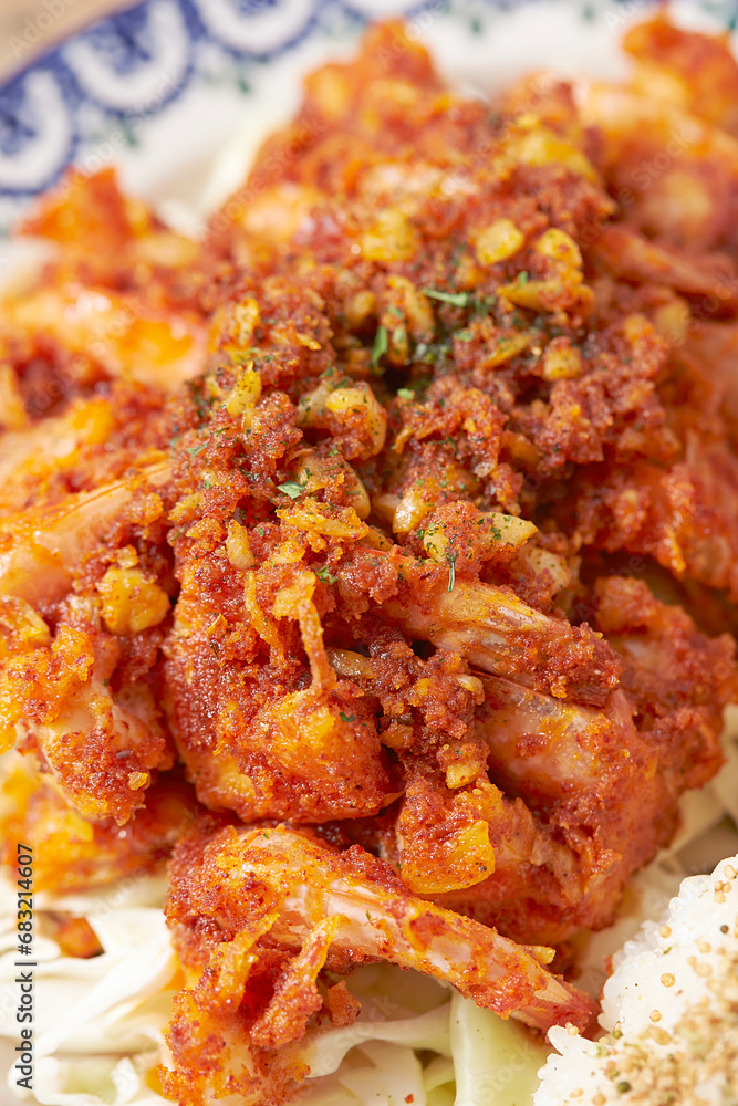 Chili shrimp and salad on a plate Chili shrimp and salad on a plate
