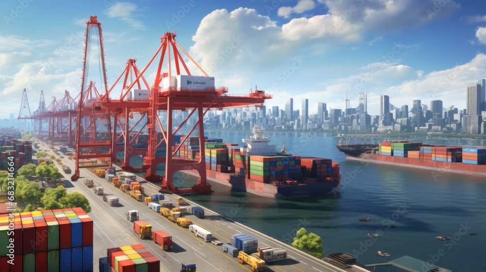 A bustling seaport photo realistic - Generative AI. - obrazy, fototapety, plakaty 