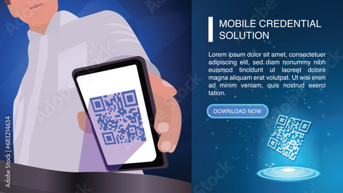 Scan the QR code for entrance control using a mobile credential solution. Mobile credential concept. Present and show QR code to the reader for scanning at the bottom view of a turnstile. Vector