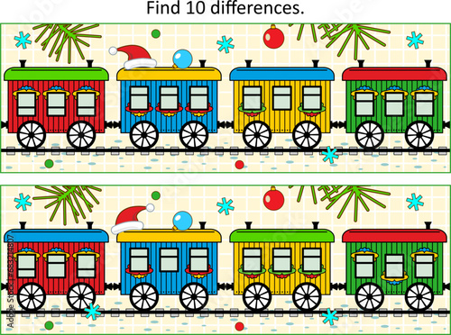 Difference game with winter holidays polar express toy train cars. Find 10 differences picture puzzle.
