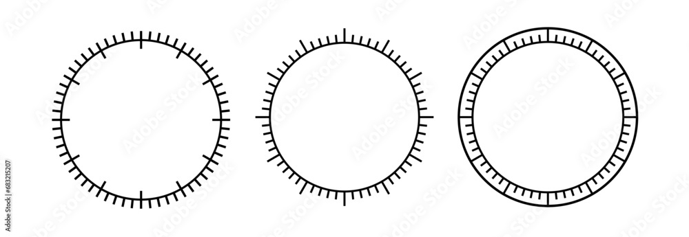 Blank mechanical clock face divided into seconds and minutes. Round meter scale. Watch dial. Timer template. Simple clock face. Vector illustration on white background. - obrazy, fototapety, plakaty 