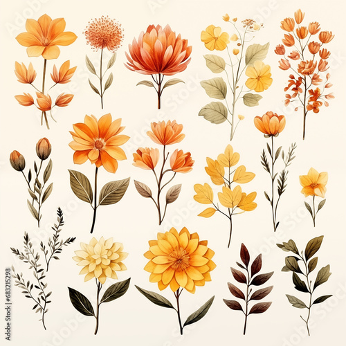 Set of watercolor fall autumn flower element for decoration give thanks cards