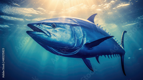 Blue fin tuna fish swimming in ocean water. 