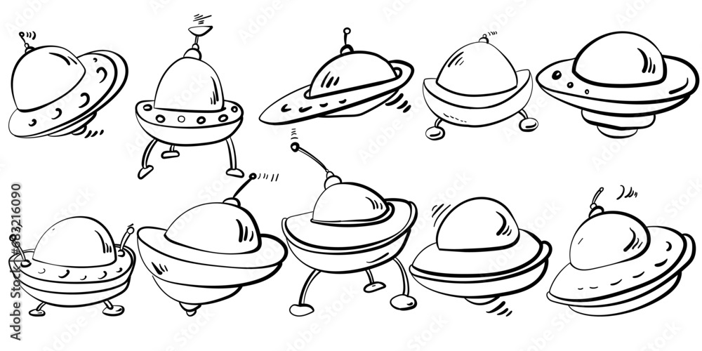 Set of spaceships of different shapes and sizes, coloring page with UFO for creativity