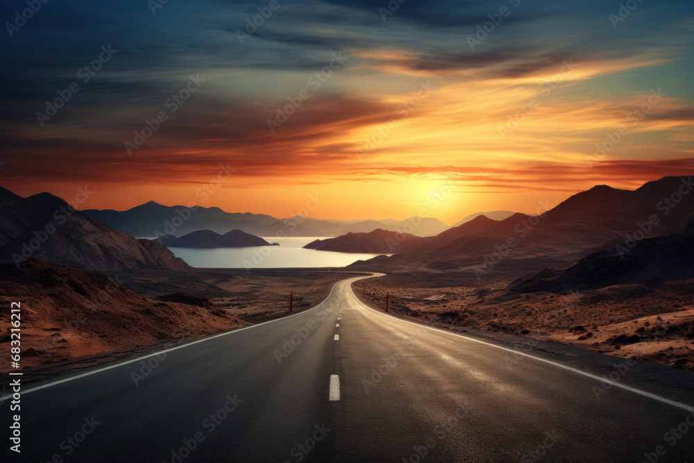 Empty road with beautiful view background. Travel vacation concept. Generative ai.