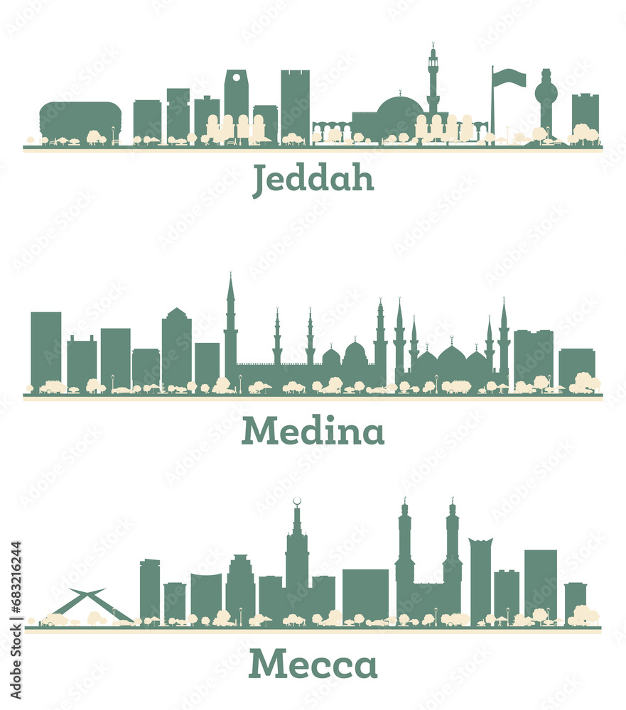 Abstract Medina, Mecca and Jeddah Saudi Arabia City Skyline silhouette set with Color Buildings. Illustration. Business Travel and Tourism Concept with Modern Architecture.